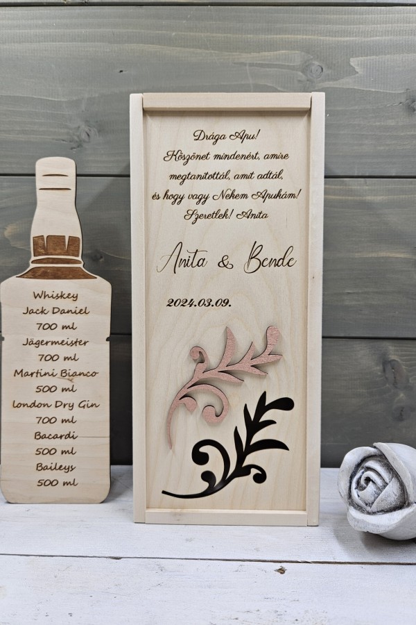 Bronz virágszál esküvői szülőköszöntő ajándék italosdoboz