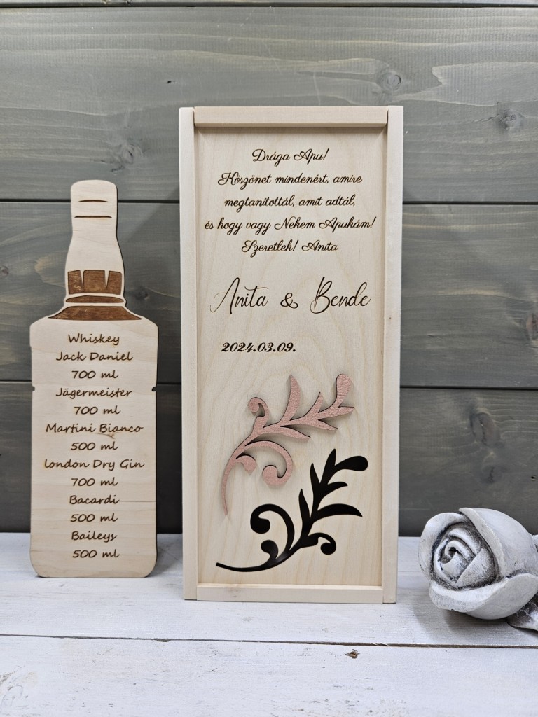 Bronz virágszál esküvői szülőköszöntő ajándék italosdoboz